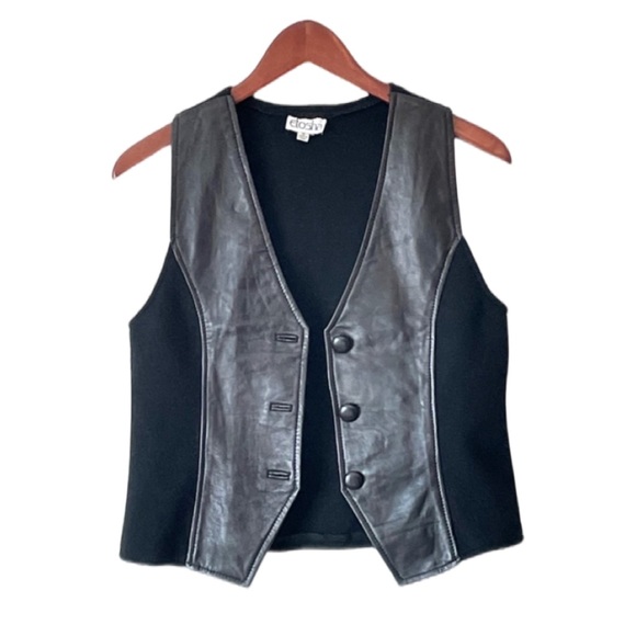 Etosha Sweaters - Vintage Etosha Women’s Leather Wool Spandex Knit Black Button Down Vest Size S